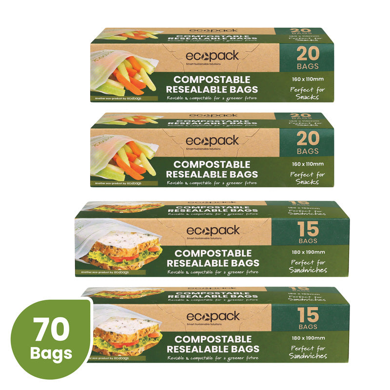 Ecopack Compostable Resealable Snack & Sandwich Bags Bundle (4 Boxes/70 Bags)