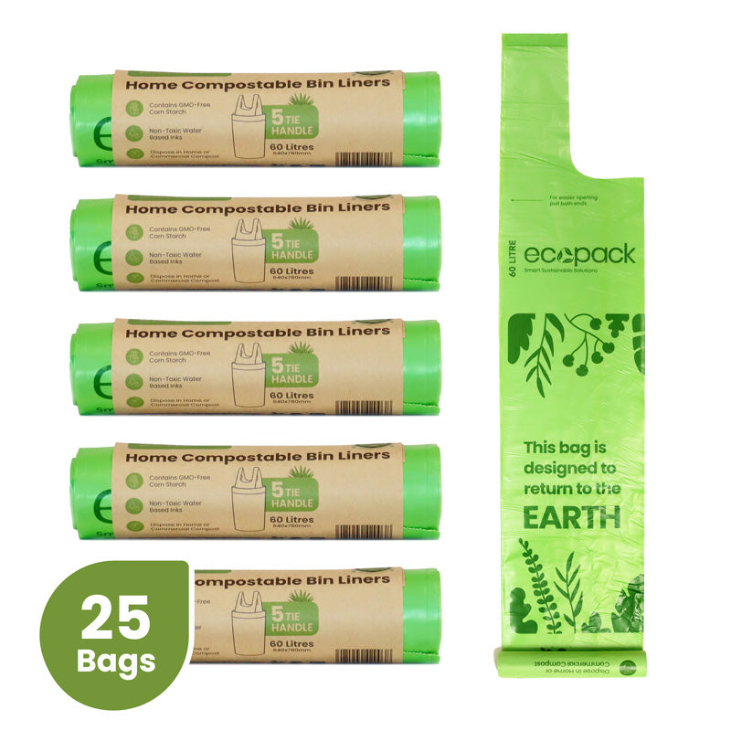 Ecopack 60L Compostable Bin Liners Bundle (5 Rolls/25 Bags)