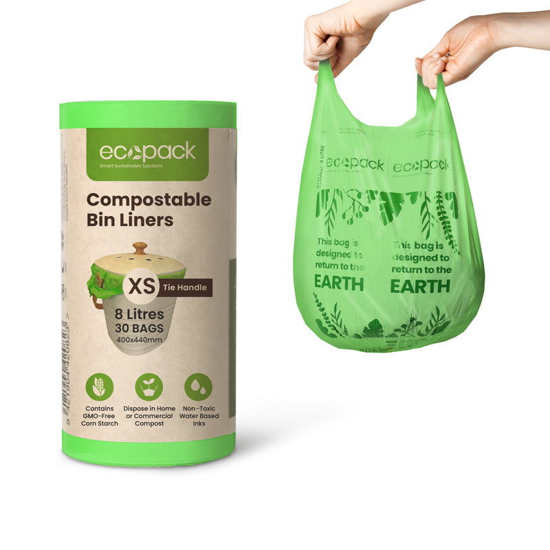 Ecopack 8L Green Compostable Bin Liners - Tie Handles (1 Roll/30 Bags)