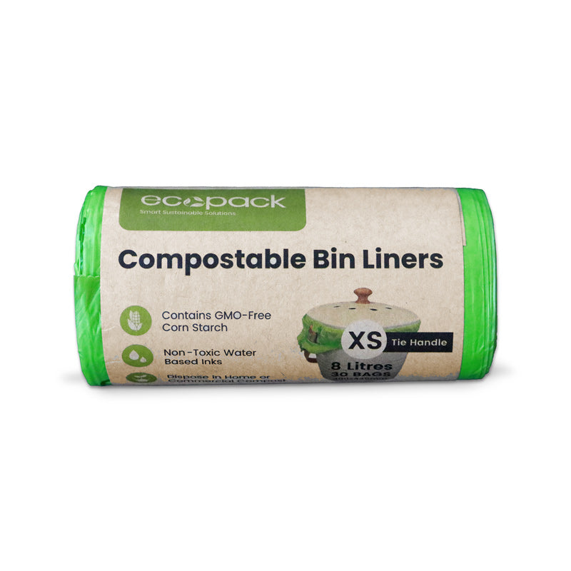 Ecopack 8L Green Compostable Bin Liners - Tie Handles (1 Roll/30 Bags)